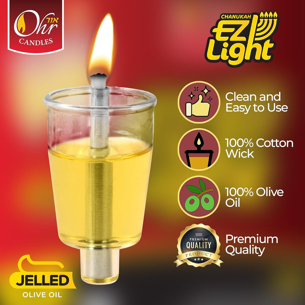 Pre-Filled Oil Cup Candles - Hanukkah Candles EZ Lights - Jelled 100% Olive Oil with Cotton Wick in Plastic Cup - Set of 44