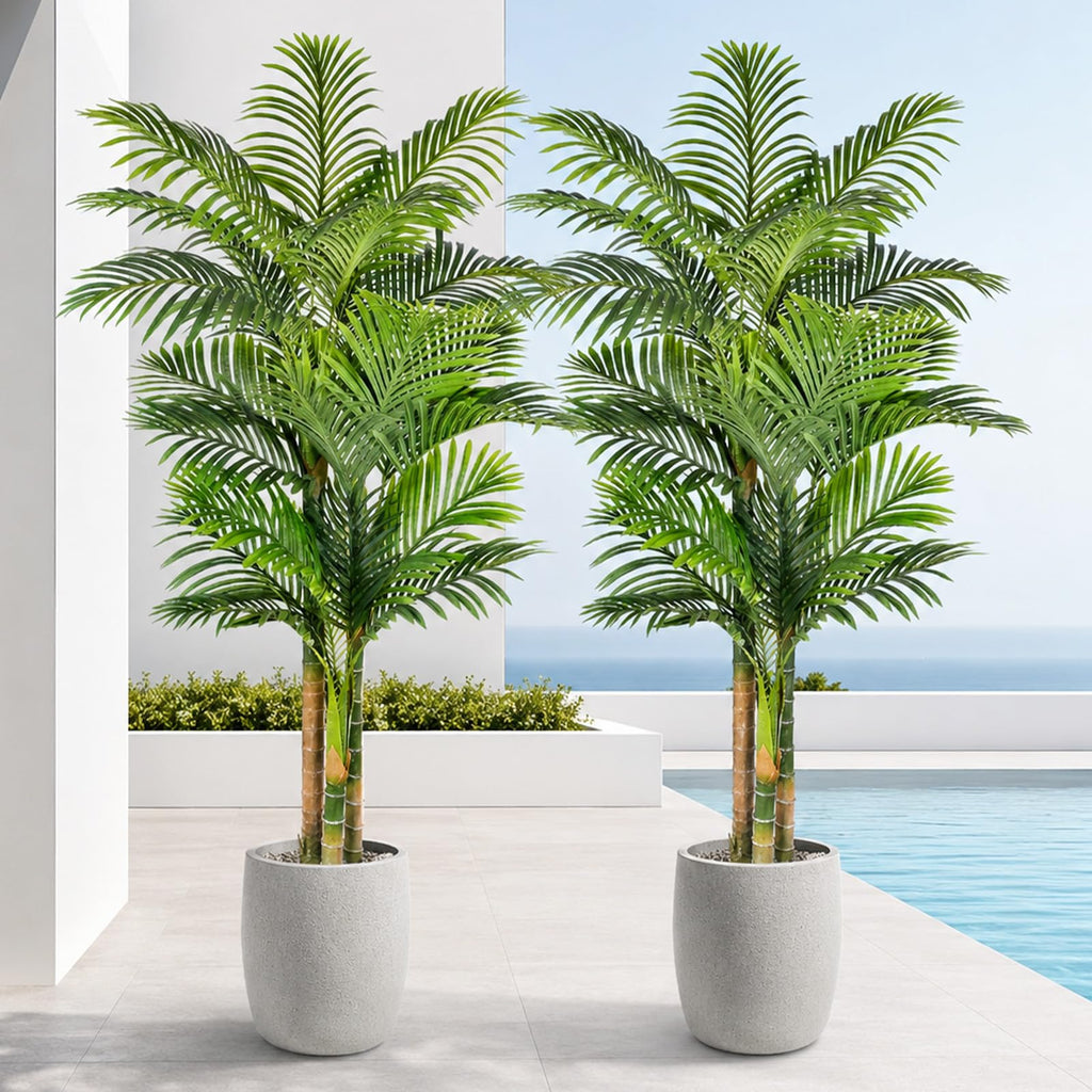 5FT Artificial Palm Tree - Tropical Faux Golden Cane Palm Tree UV Resistant Tall Fake Plant Indoor with Black Pot