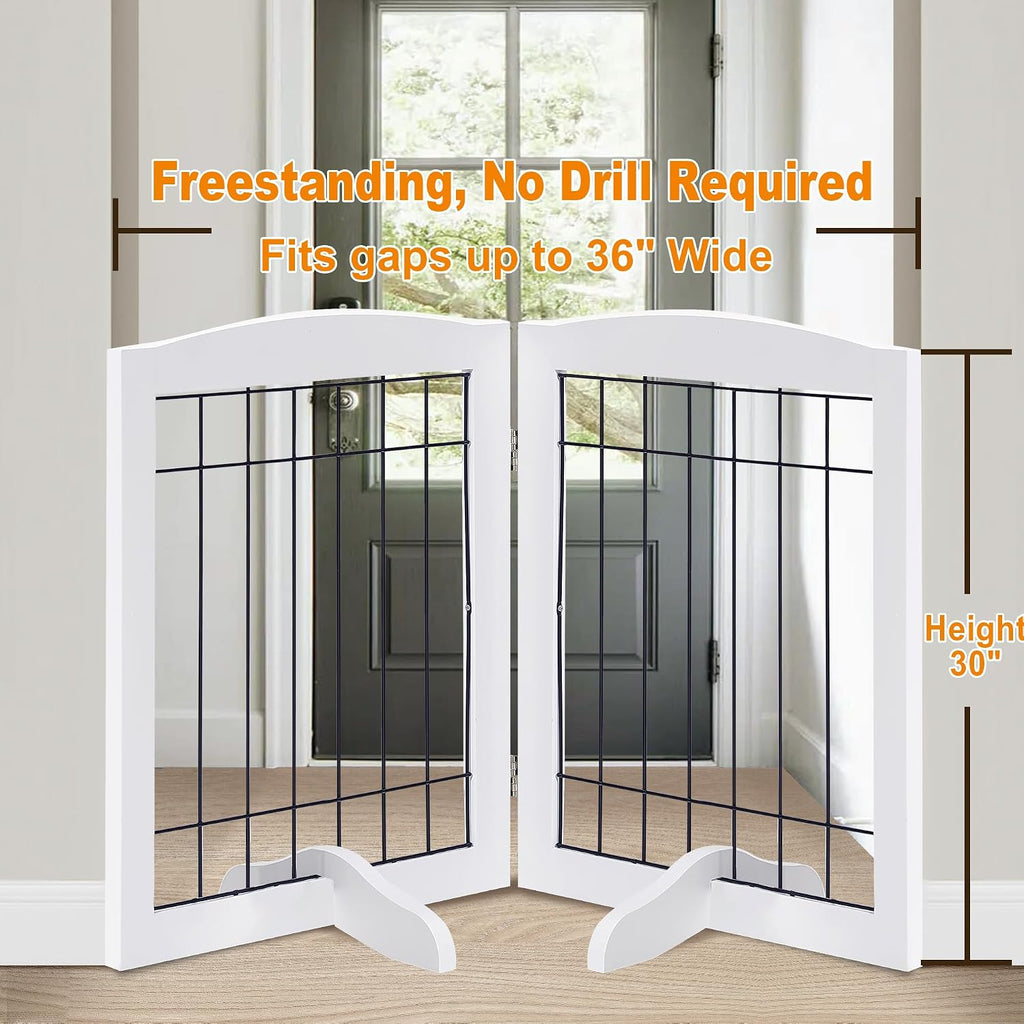 2-Panel Freestanding Adjustable Wooden Dog Gate-30" Tall Foldable Pet Barrier with Support Feet, Solid Hardwood &
