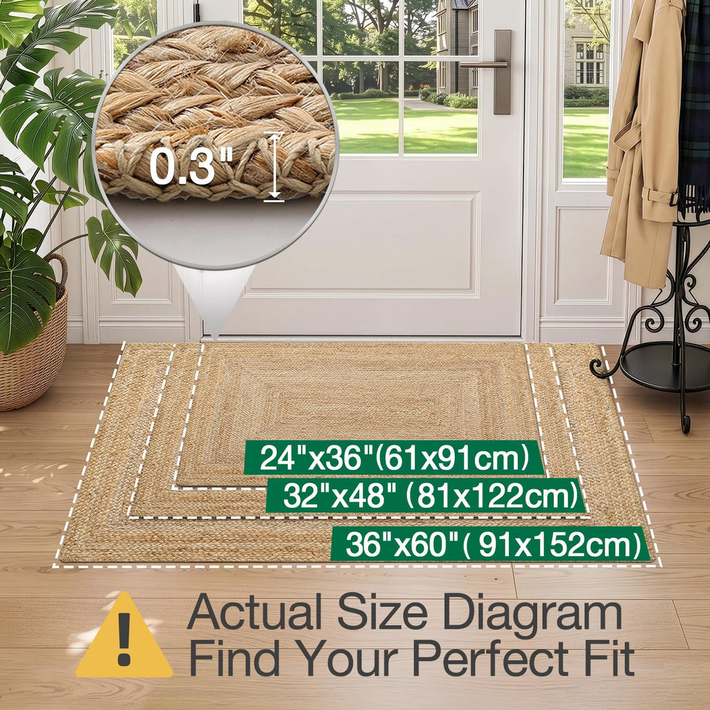 Natural Jute Indoor Door Mat, 24 x 36, Non-Slip Handwoven Entryway Mat