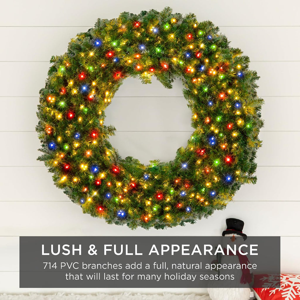 48in Large Artificial Pre-Lit Fir Christmas Wreath Holiday Accent Decoration w/ 250 Multicolor Lights, 714 PVC Tips