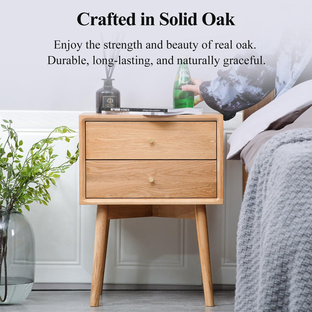 Night Stand, Midcentury Modern Solid Wood Nightstand with Drawer, Durable Sturdy Tall Bedside Tables with High Stool