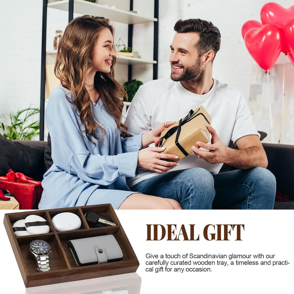 5-Slot Walnut Valet Tray, Wooden Nightstand & Desk Organizer