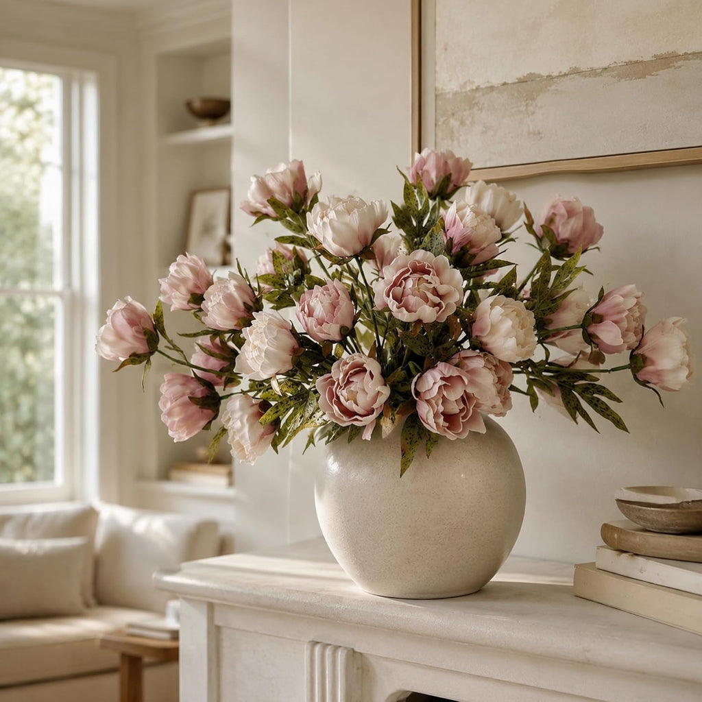Silk Peonies Artificial Flowers Stems for Vase, Brownish Dusty Pink - Set of 6