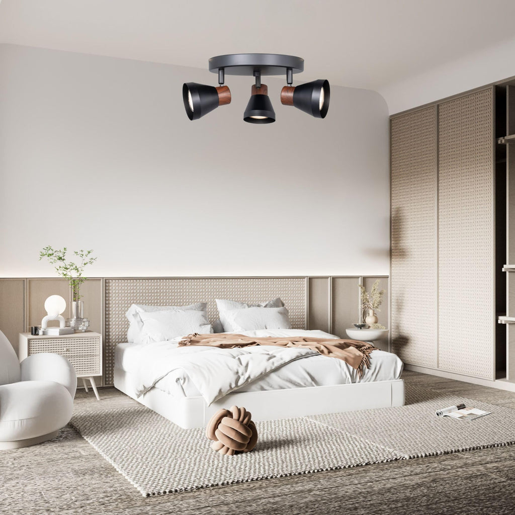 Modern Track Lighting Kit Black Faux Wood Accent,Adjustable GU10 Flush Mount Ceiling Fixture Pivot