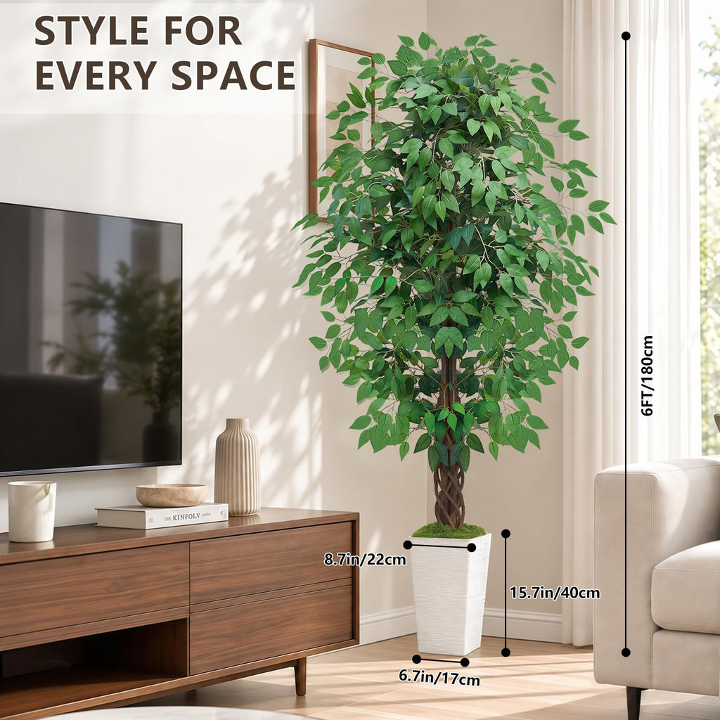 Artificial Ficus Tree, 6FT Tall Fake Plant, Large Faux Floor Tree