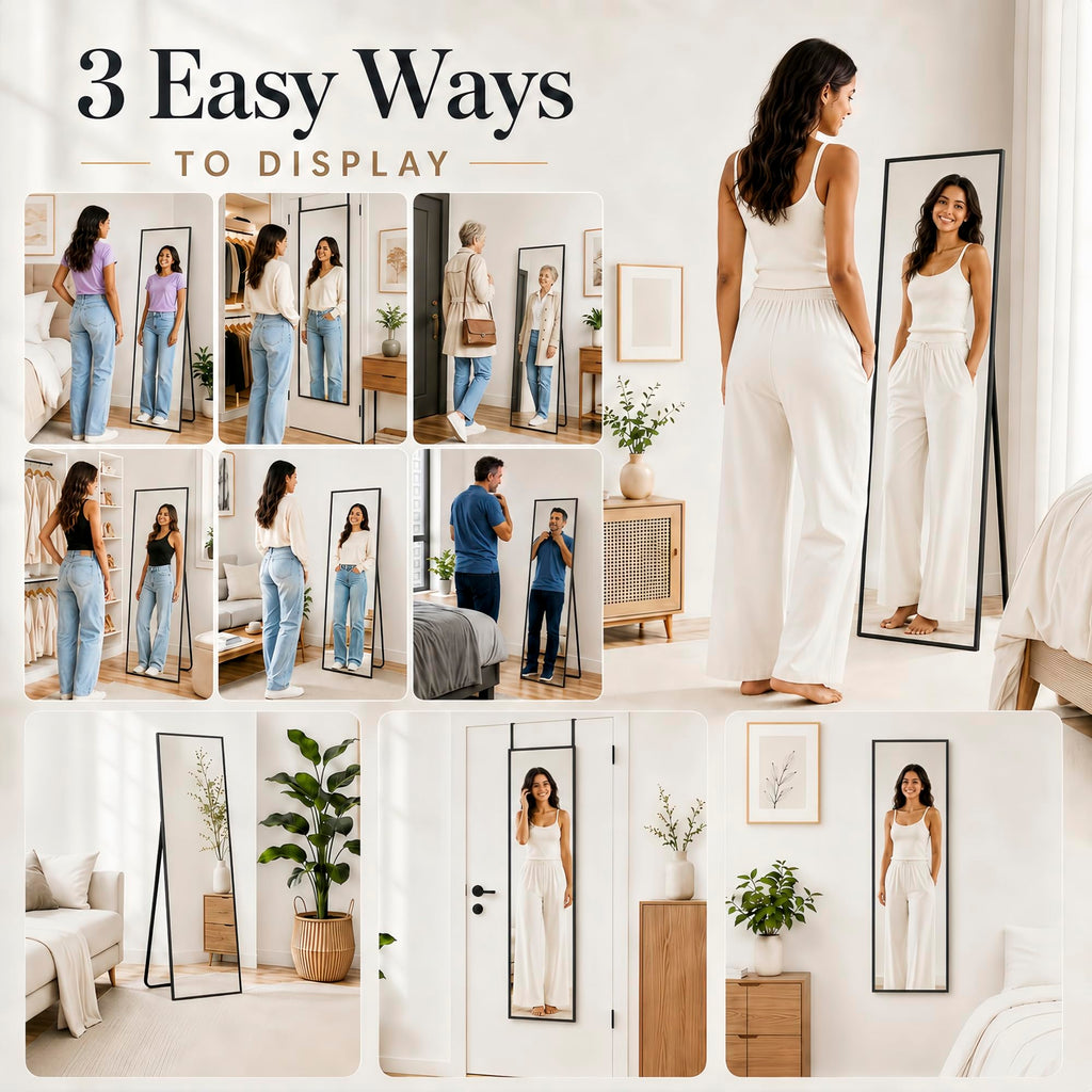 57x21 inch Full Length Mirror Over the Door Hang or Floor Stand Black