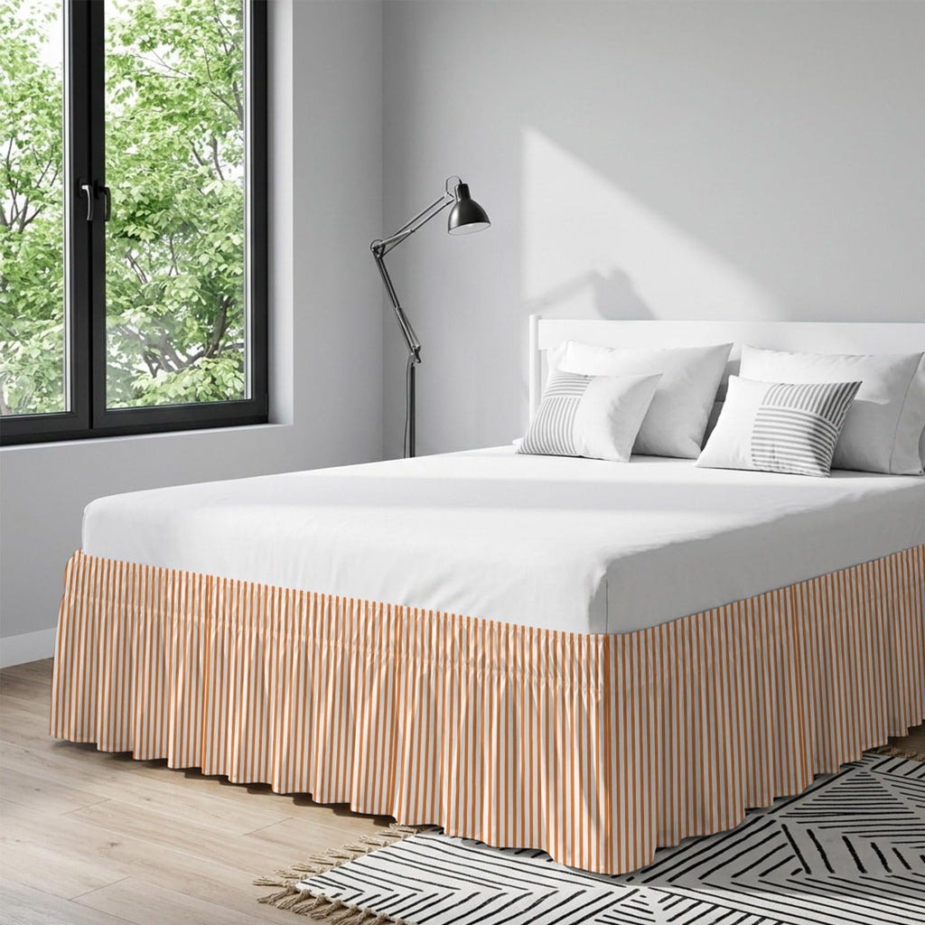 Thin Orange Striped Bed Skirt 16 Inch Drop, Adjustable & Elastic Wrap Around Bed Skirts Pleated Luxury