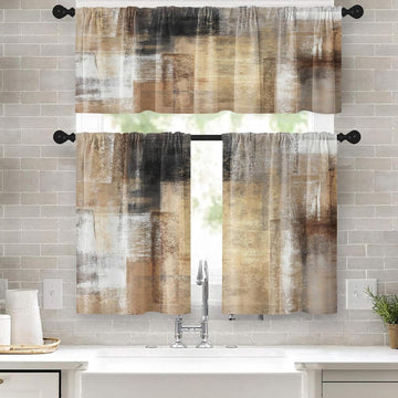 Brown Kitchen Window Curtains Valance and Tier Set, Grey Beige Modern Rod Pocket Short Tier Curtain, Abstract