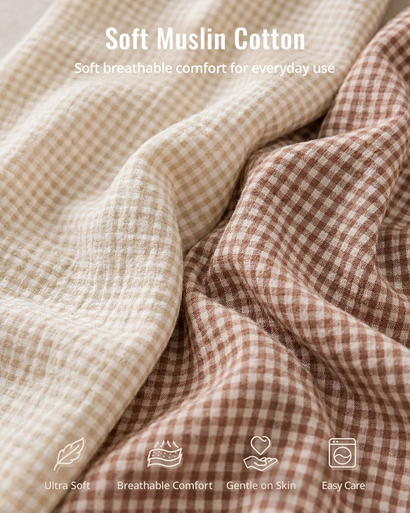 Muslin Mini Crib Sheets, 2 Pack, Beige Gingham&Brown Gingham
