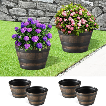 YI 4 Pack Whiskey Barrel Garden Planters 13" Rustic Oak Resin Planter for Indoor & Outdoor Plant Flower Pot