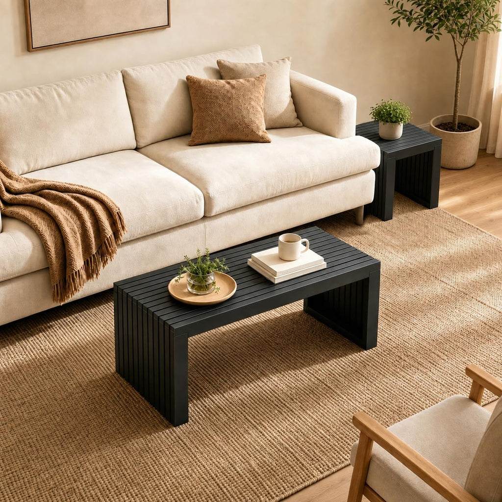 Bamboo Dining Bench, 35'' Slatted Design Entryway Bench, Black