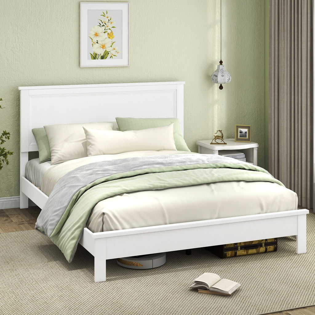 Wood Queen Platform Bed Frame with Headboard, Mid Century Bed Frame with Solid Wood Legs & Wooden Slat Support, No