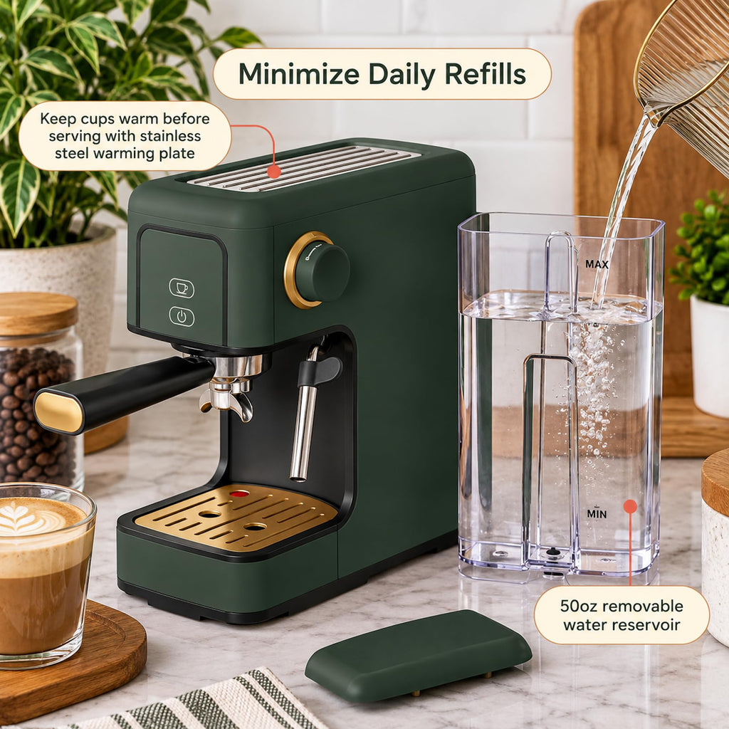 Slim Espresso Machine with 20-Bar Pressure, Thyme Green