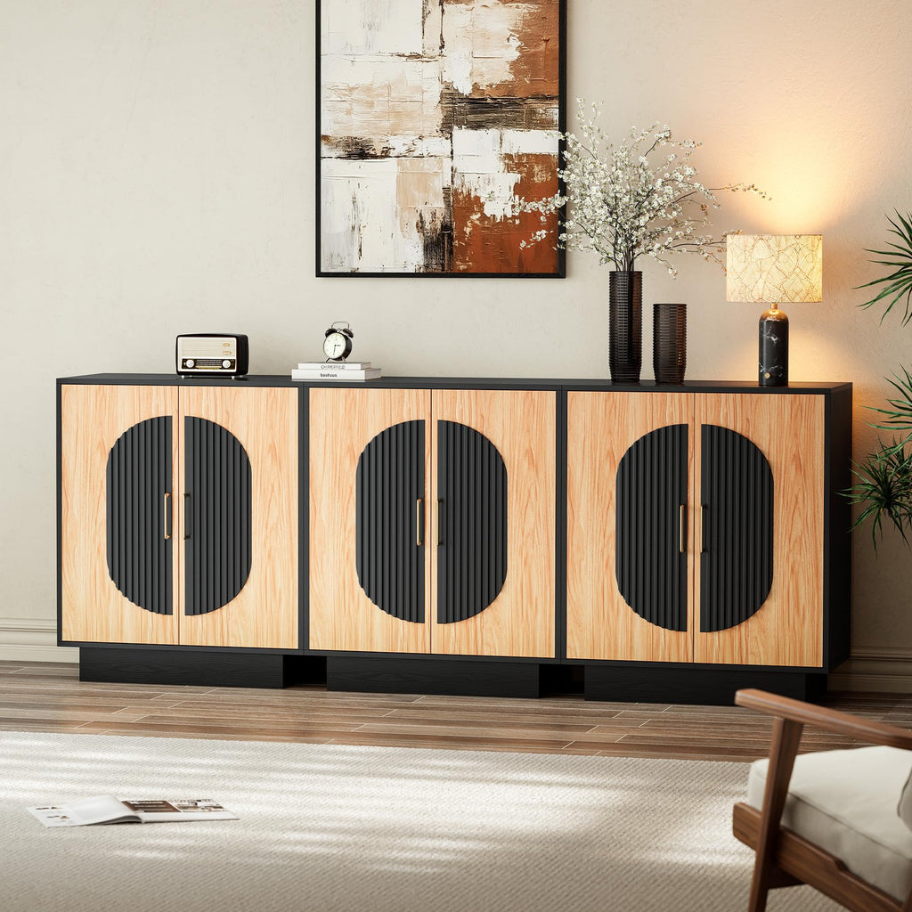 87" Fluted Modular Buffet Cabinet with Arched Doors & Gold Handles, Mid Century Modern Sideboard Credenza Storage