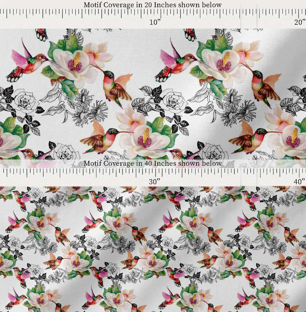 Cotton Poplin White Fabric - by The Yard - 42 Inch Wide - Hummingbird, Leaves & Flower Floral Textile - Playful and