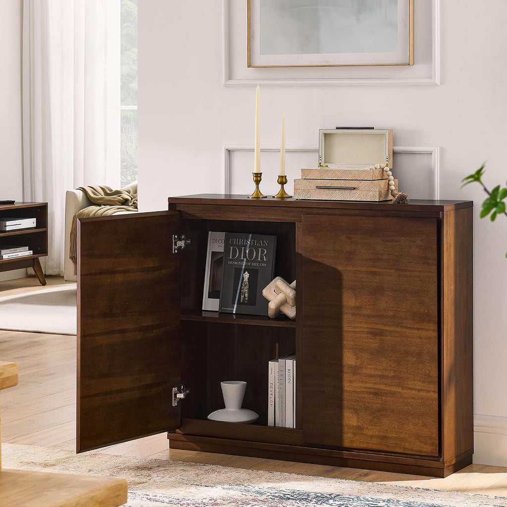 39" Accent Cabinet Walnut Mid Century Modern Slim Sideboard Storage Console | 9.25''D Thin Credenza, 2 Doors, Cable