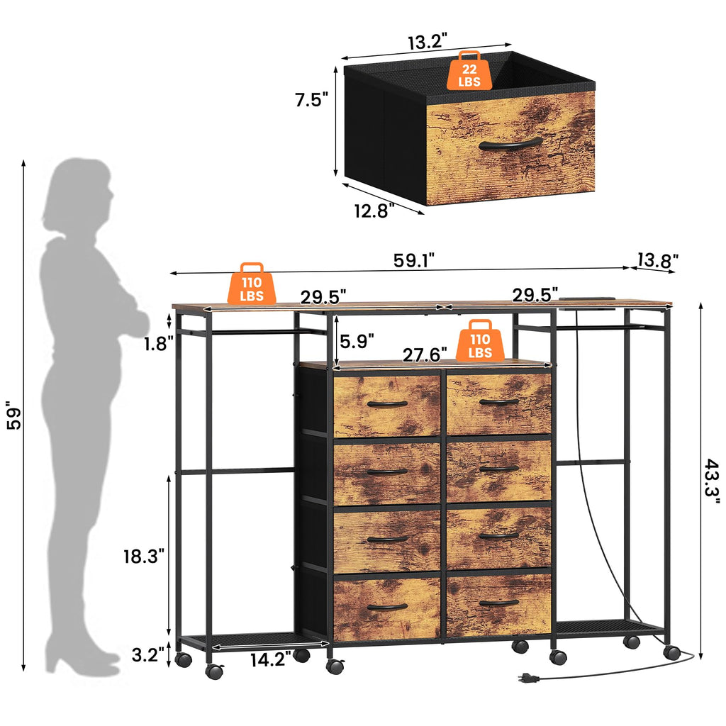 59.1" W with Hanging Rack, 8 Drawer with LED Lights & Charging Station, Fabric Dressers with Portable Wheels, Metal