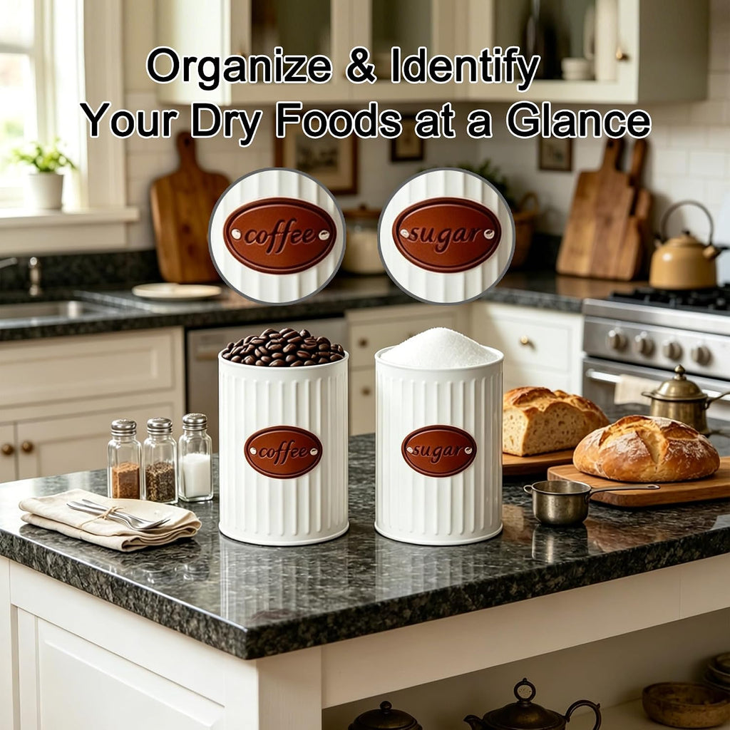 Metal Food Canister Set, 37oz, White, Airtight, for Coffee, Sugar, Beans, Pods, Rustic Farmhouse Kitchen - Set of 2