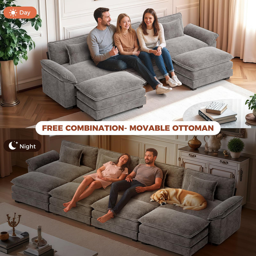 152" Oversized Modular Sectional Sofa with Corner, Comfy V-Shaped Cloud Couch, 7-Seater Chenille Deep Seat Modern