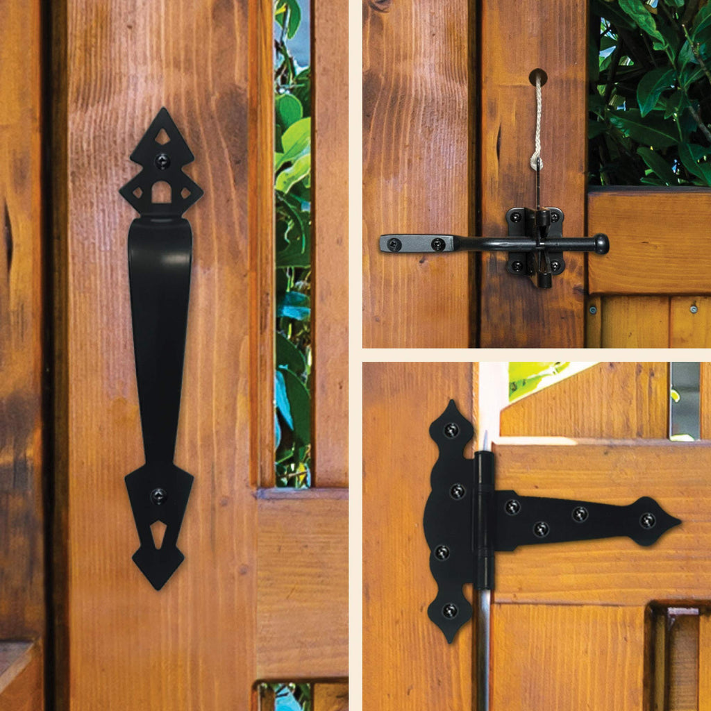 Black Decorative Ornamental Tee Hinge Set - Includes Handle, Hinges, Latch and Catch- 5"