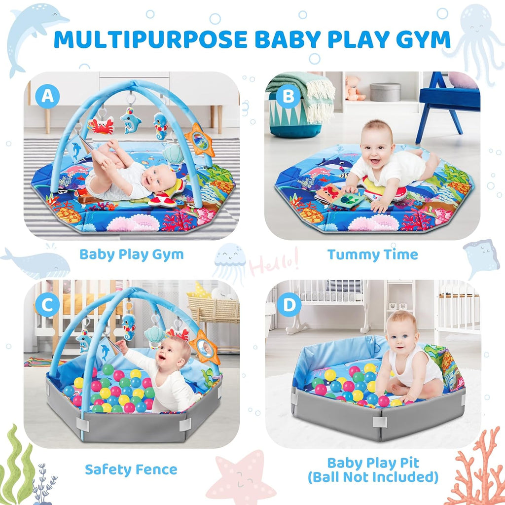 Gym Play Mat, in-1 Ocean Theme Tummy Time Mat & Ball Pit, Washable Baby Activity Play Mat for Visual, Hearing