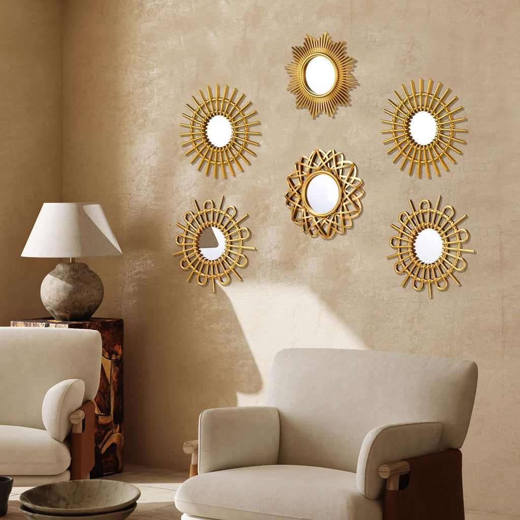 6 Pcs Sunburst Round Mirror for Wall Decor, Elegant, Gold