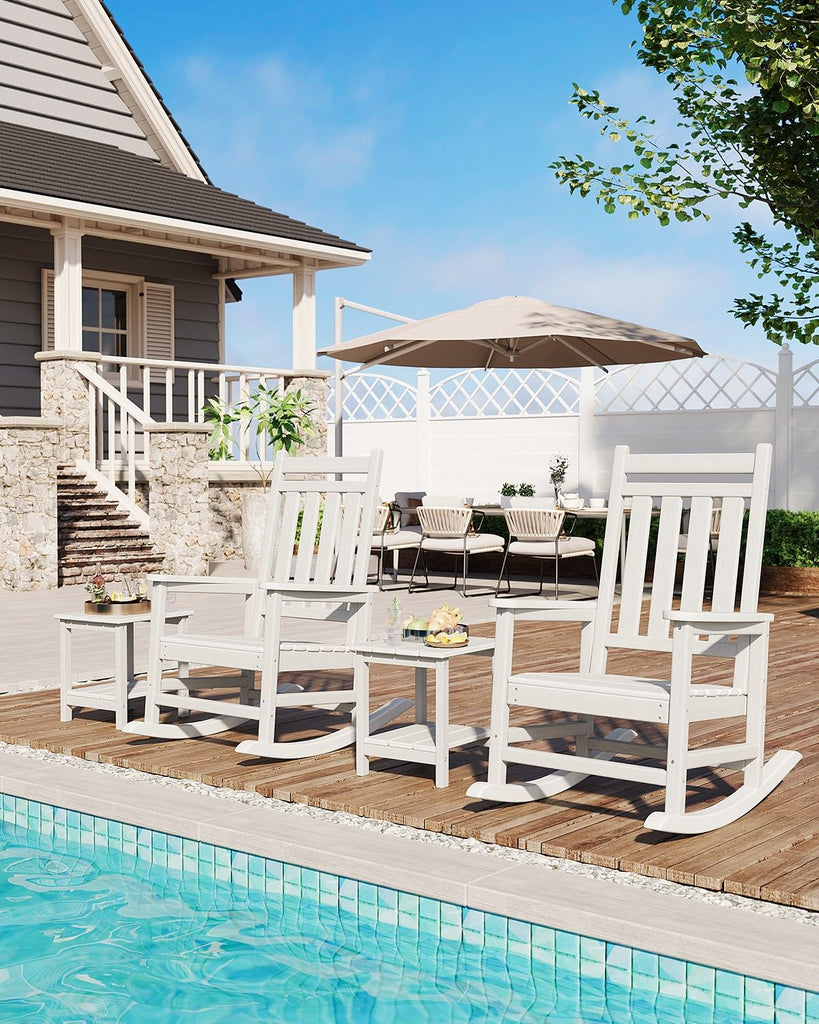 HDPE Rocking Chair Outdoor Set of 2 with Side Table, High Back Rocker
