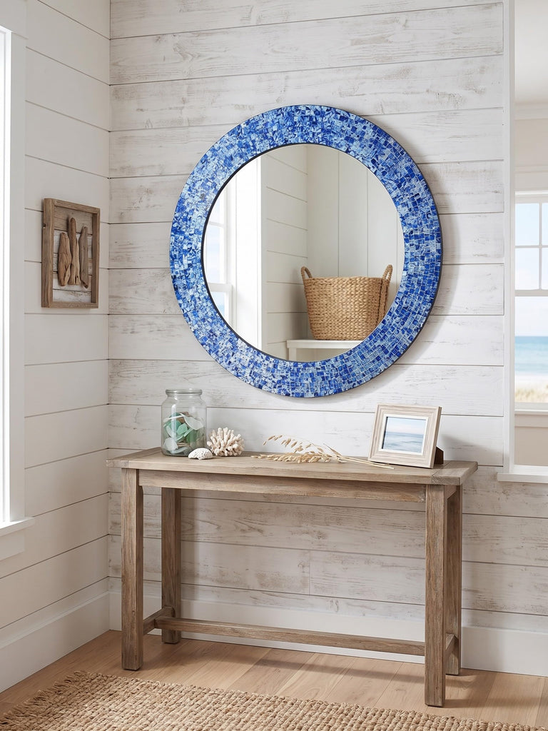 24" Round Mosaic Wall Mirror Sapphire Blue & Silver Glass Tile Frame Handmade Decorative Accent Mirror Bathroom