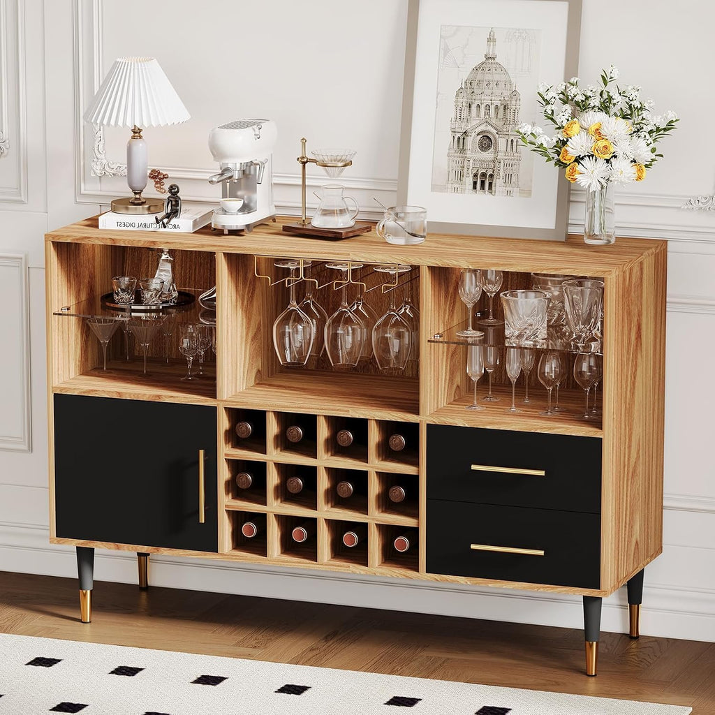 47 Inch Modern Bar Cabinet, Wood Sideboard Buffet with LED Lights, Charging Station, Wine Rack, Drawers & Doors
