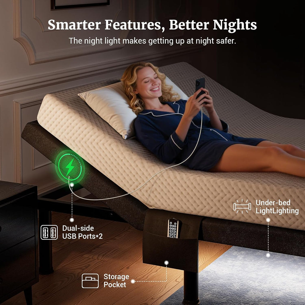 T600 Adjustable Bed Frame Queen Size with Remote & Massage - Electric Beds Bases, Zero Gravity, Dual Side USB, Side
