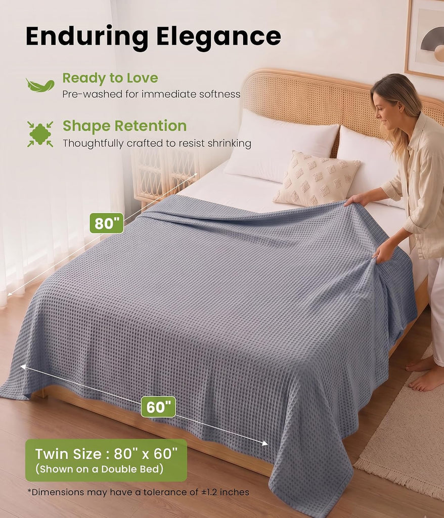 100% Bamboo Rayon Waffle Blanket Twin Size, 60x80 Inch, Blue Gray | Super Soft, Breathable, Lightweight Blanket for