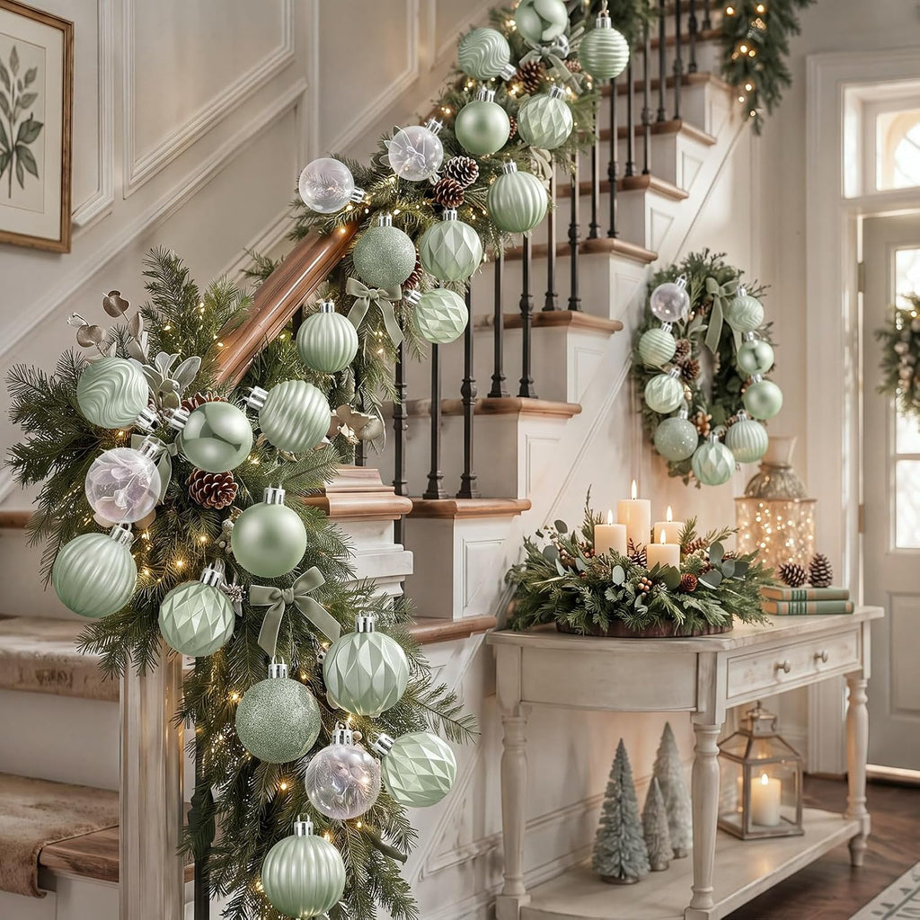 Sage Green Christmas Ornaments Iridescent White Xmas Bulbs - Set of 64