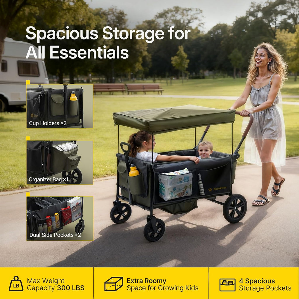 Stroller Wagon for Kids, One-Hand Adjustable Push/Pull Handle