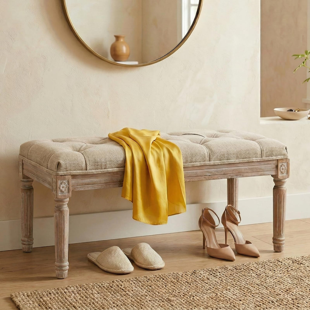 31.5" French Country Entryway Bench Dining Bench, Beige