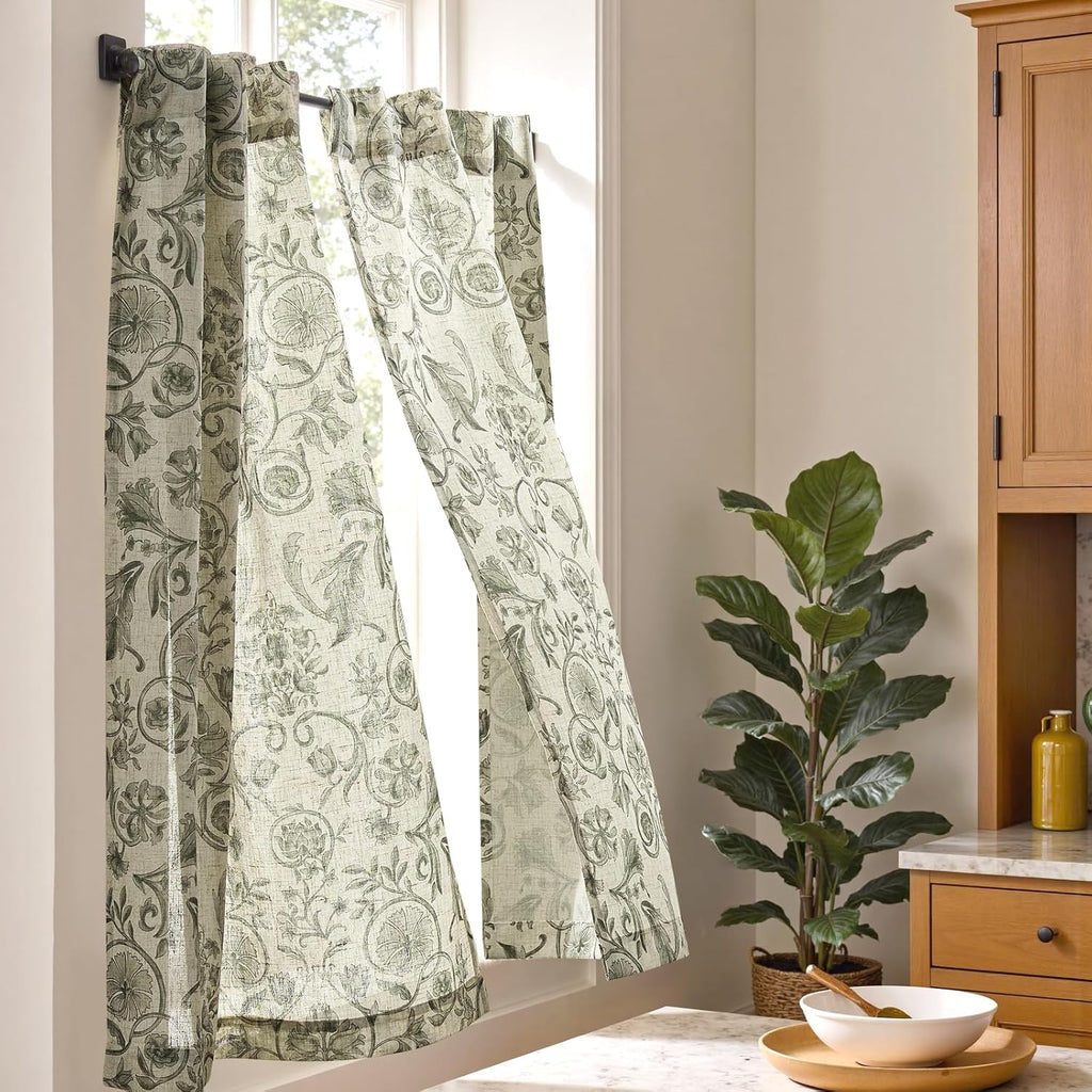 Small Window Curtains 36 Inch Linen Floral Curtain Set for Kitchen Bathroom Cafe Curtains Light Filtering Window
