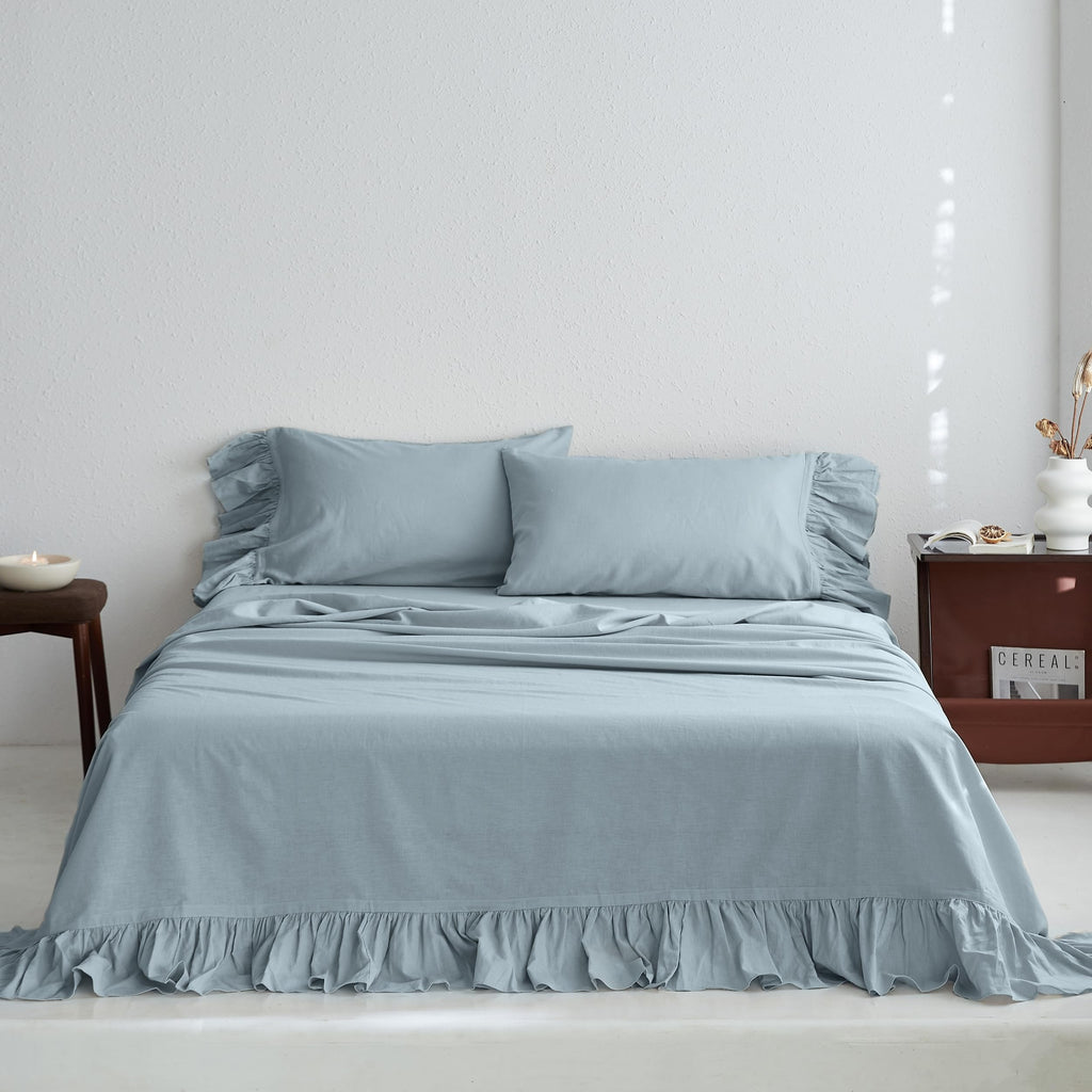 Belgian Linen Sheet Set with Long Ruffles 4pcs (1 Flat Sheet, 1 Fitted Sheet & 2 Pillowcases) Solid Shabby Vintage