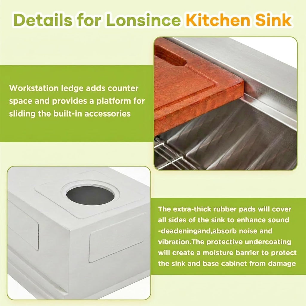 Undermount Kitchen Sink 32 inch,16 Gauge Stainless Steel Workstation Sinks,Large Single Bowl Kitchen Sink Offset