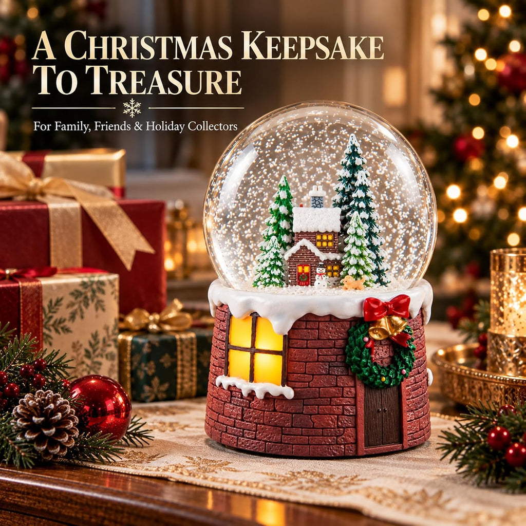 Christmas Snow Globe Music Box with Light, Falling Snow and Silent Night, Christmas Village Cottage Musical Snow