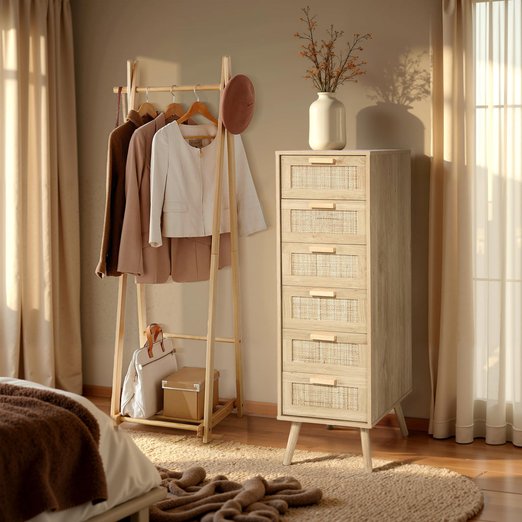 Rattan Dresser, Tall Dresser with 6 Hand Made Rattan Decorated Drawers, Small Chest of Drawers, Closet, Hallway