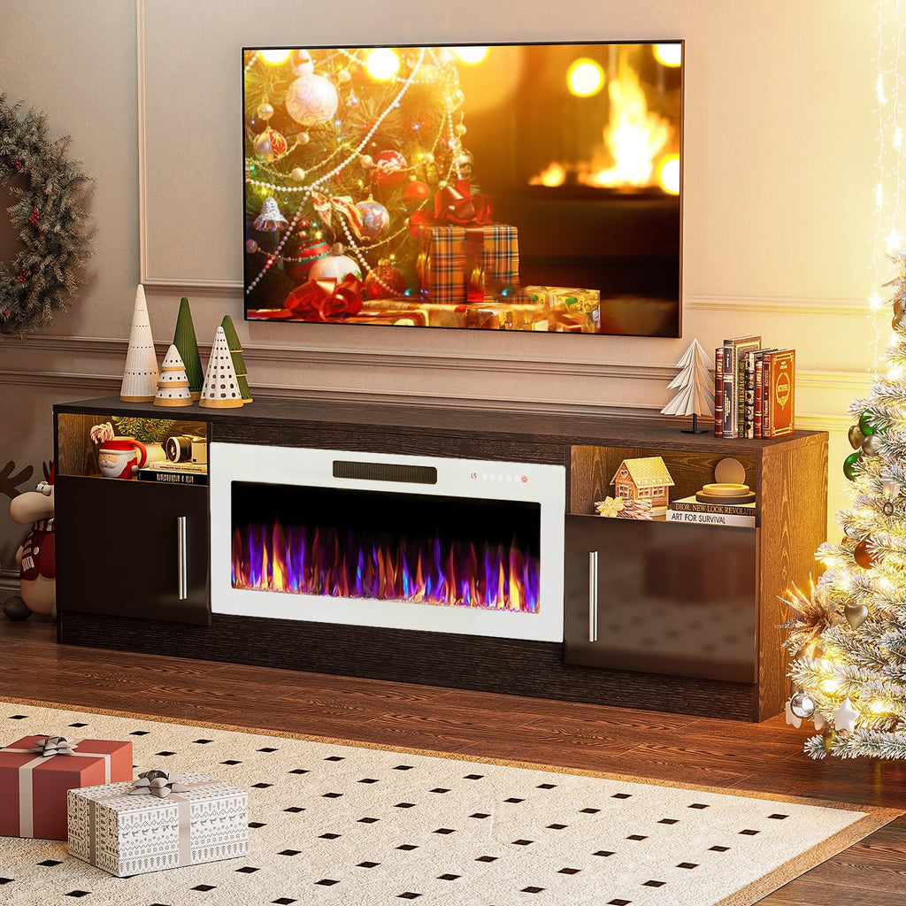 TV Stand Fireplace with 36" inch Electric Fireplace Up to 80" TVs, LED Light Entertainment Center, 70" Modern Wood