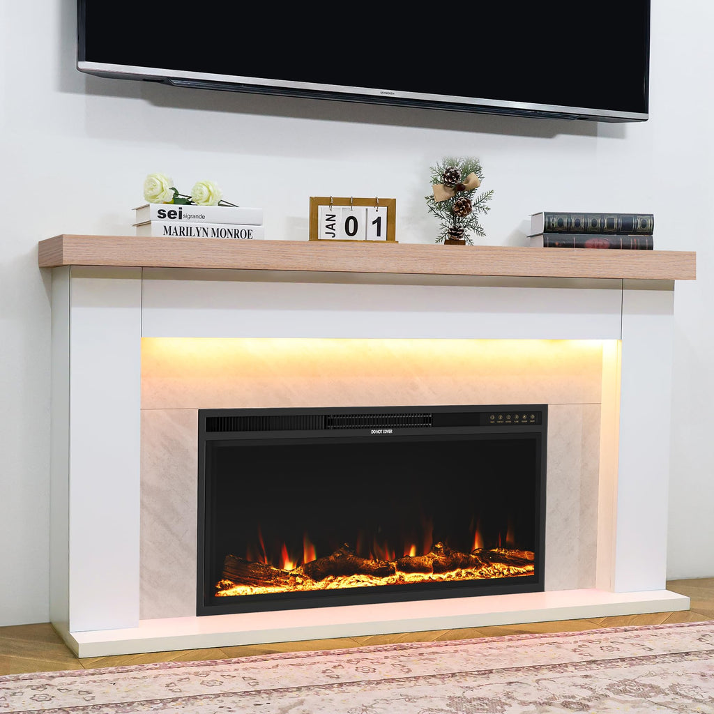 62" Freestanding Electric Fireplace Mantel, Remote & APP Dual Control, 36" Replaceable Heater Insert for Living Bedroom.