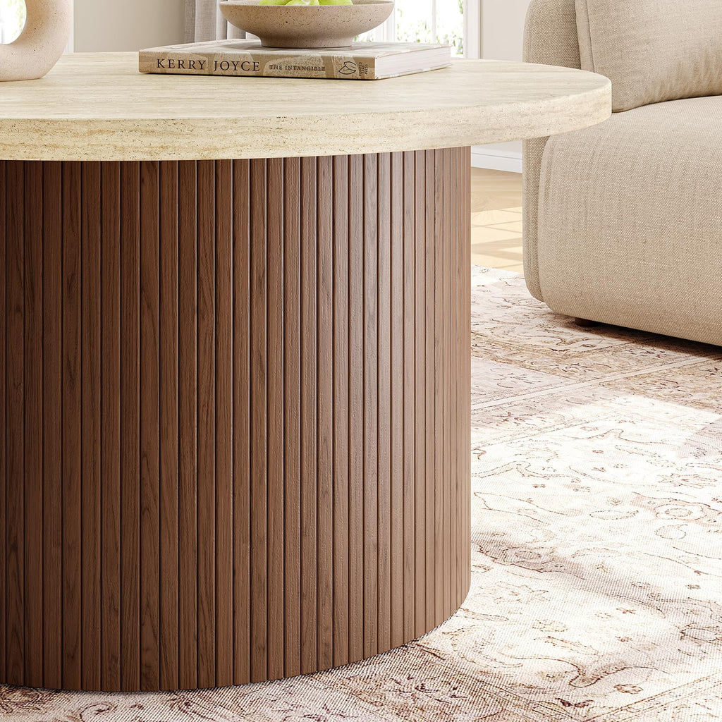31.5" Round Coffee Table, Tambour Design, Travertine & Walnut