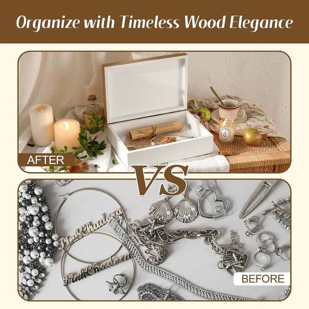 Wooden Keepsake Box - Decorative Floral Wood Boxes with Hinged Lid, Flower Engraved Design, 10.24" W