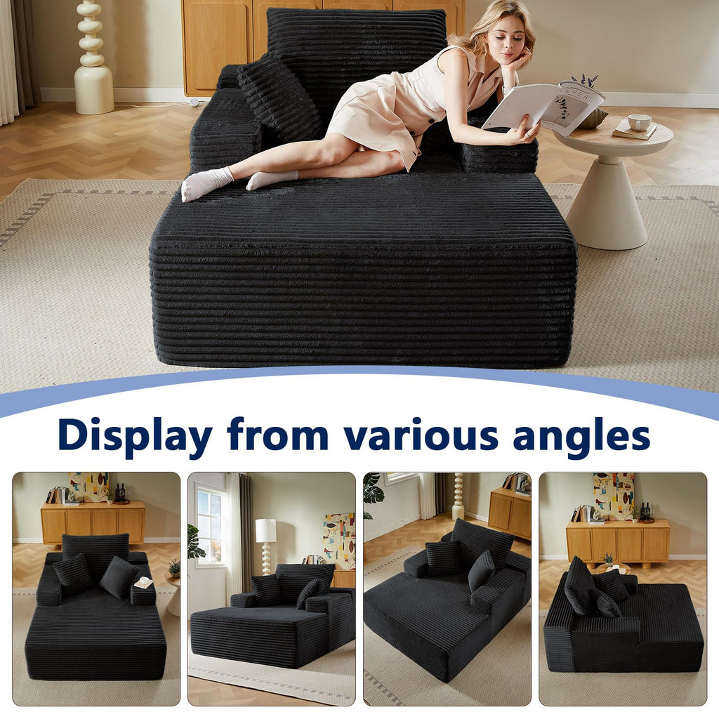 50" W Oversized Chaise Lounge Chair Indoor, Comfy Boneless Reading Chair with 3 Pillows, Luxurious Corduroy Fabric