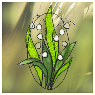 Lily of The Valley Stained Glass Window Hanging, Handmade Real Glass Suncatcher with Metal Chain, Plant Lover Gifts