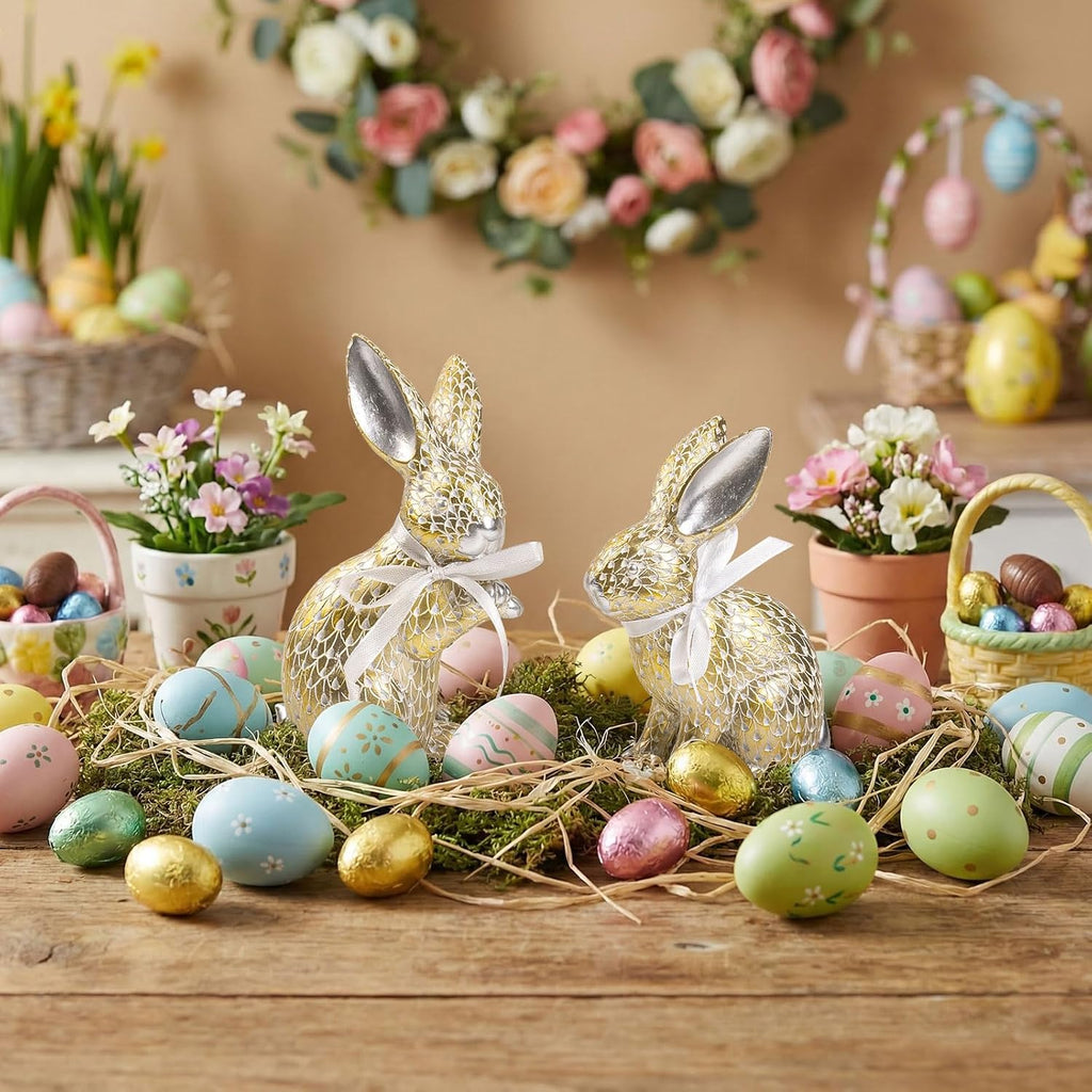 Easter Bunny Figurines, Spring Resin Gold Silver Rabbit Samll Statue Table Decor, Tabletop Centerpieces - Set of 2