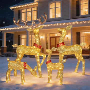 Christmas Deer Outdoor Decorations - 4 Piece 3D Lighted Deer Family Set with 245 LED Lights, Yard Christmas Decor