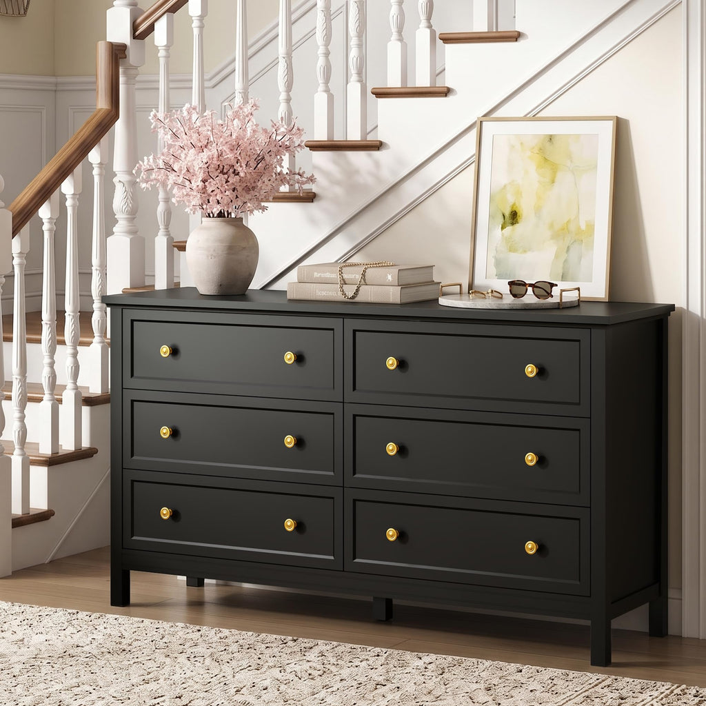 6 Drawer Black Dresser with Gold Handles, 55" Modern Dressers