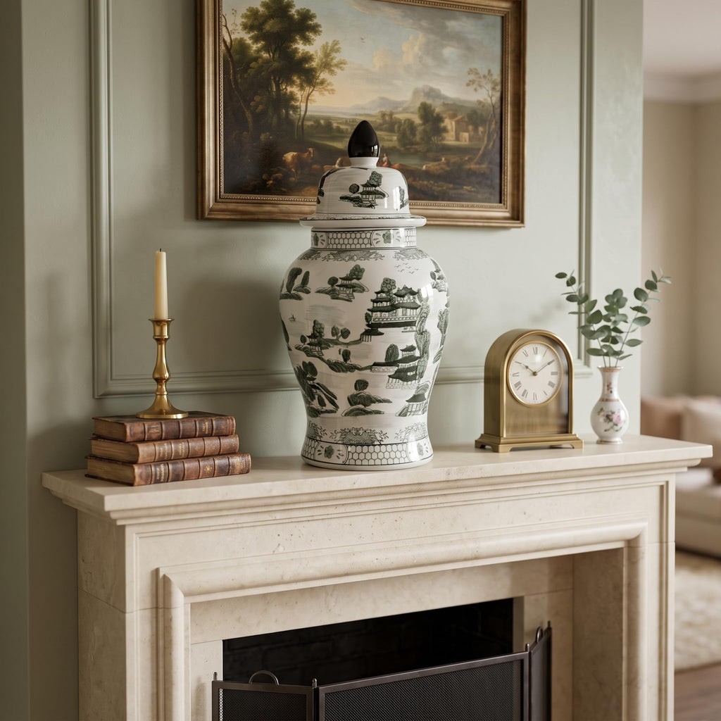 Large 25" Black & White Classic Landscape Chinoiserie Ceramic Temple Jar w/Lid - Ginger Jar Home & Kitchen Decor for